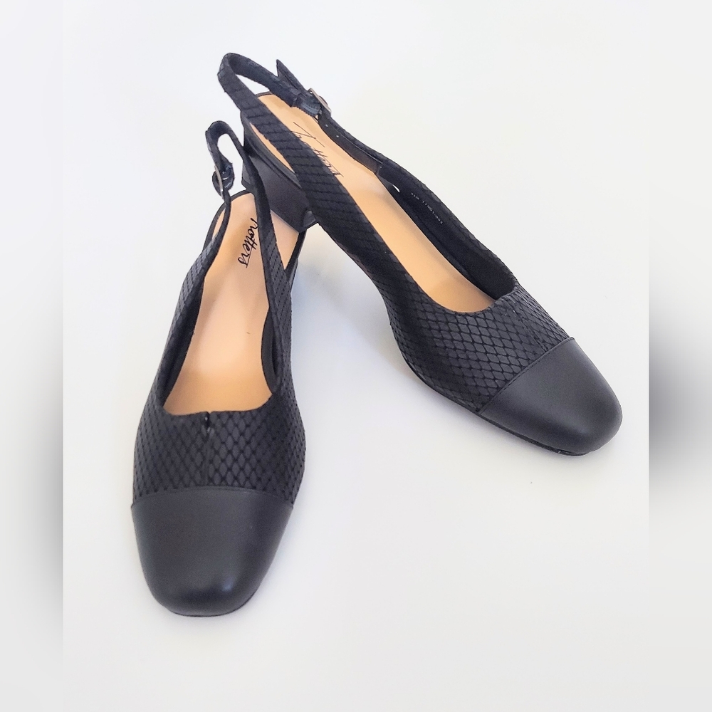 Trotters DEA Woven Black Leather Round Toe Block Heel Slingback Pumps Size 11 S
